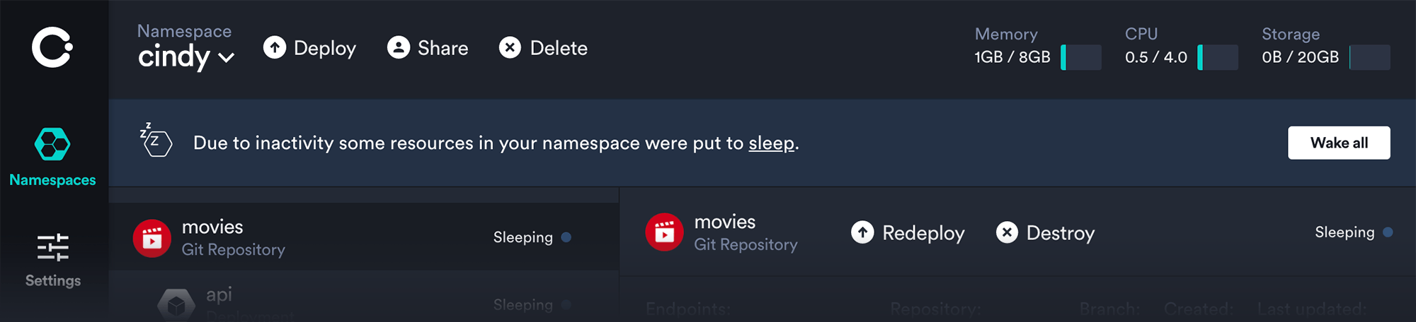 wake all button to activate sleeping resources in a namespace